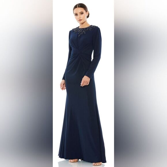 Mac Duggal 55713 Pleated Waist Beaded Neck Dress NWT size 12 Midnight Blue - Picture 1 of 7